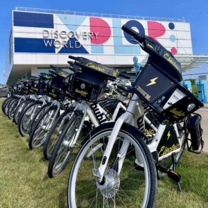 Discovery World building with Bublr bikes parked in the front.